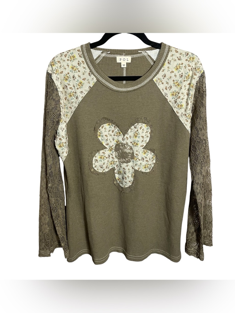POL Zoey Lace Sleeve Top floral patch waffle knit thermal size medium